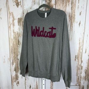 Bella Canvas Gray Sweatshirt with Maroon Wildcats Fuzzy Graphic. Size Large.